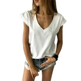 Sommar T-shirt Kvinnor Kortärmad V Nacke Lossa Casual Sexiga Kvinnor T Shirt Camisetas Feminina Lady Simple Toppar 210722