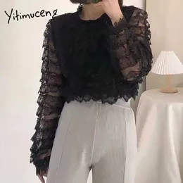 Yitimuceng Ruched Blouse Woman Oversize Lace Korean Fashion Långärmad Office Lady Black Aprikos Vit Skjorta Vår Sommar 210601