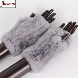 Women 100% Real Genuine Knitted Rex Rabbit Fur Mittens Winter Warm Lady Fingerless Gloves Handmade Knit Mitten 211026