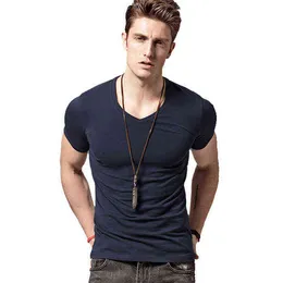 Tight cultivate one's morality t-shirts v-neck collar pure color T-shirt man Render vest male Sapphire v-neck G220223