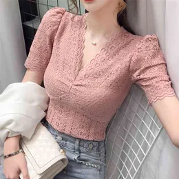 레이스 셔츠 여성 패션 짧은 소매 섹시한 꽉 v 목 반팔 탑 솔리드 컬러 우아한 블라우스 P048 210527