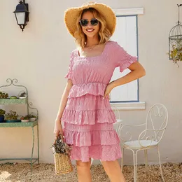 Mini Dresses for Women Fashion Party Square Collar Summer Short Sleeve Casual Beach Pink Ruffle Vestido Verano Mujer 210625