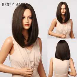 Straight Black Brown Synthetic Wigs with Highlight for Women Middle Part Shoulder Length Heat Resistant Bobo Hairfactory direct