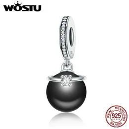 Wostu 925 Sterling Silver Svart Pärla med CZ Ring Dangle Charm Fit Original Pärlor Armband Hängsmycke Smycken FIC572 Q0531