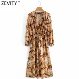 ZEVITY Kadınlar Vintage Basın V Boyun Hayvan Kravat Boya Baskı Rahat Ince Midi Elbise Kadın Chic Yay Sashes Split Vestido DS4754 210603