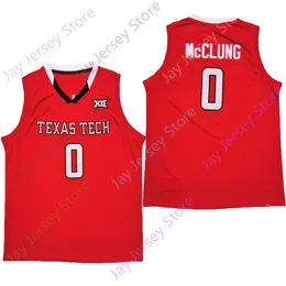 2021 New NCAA Texas Tech Jerseys 0 Mac McClung College 농구 저지 레드 사이즈 청소년 성인 모든 스티치 자수