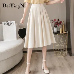 Beiyingni elegante mulher plissada saia midi cor sólida trabalho desgaste vintage moda alta cintura saias casuais jupe femme 210310