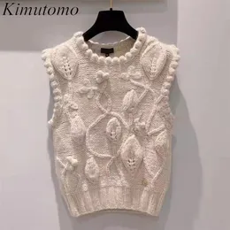 Kimutomo Korea 우아한 스웨터 조끼 여성 가을 ​​패션 여성 꽃 O 넥 민소매 슬림 양복 조끼 조끼 Femme 211120