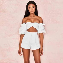 Moda 2 sztuka Zestaw Kobiety Rękaw Puff Krótki Crop Top Wysoka Talia Szeroki Szorty Dres Seksowna Conmento Femenino Dwa kawałek zestaw 210721