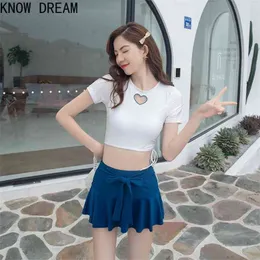 KNOW DREAM Sexy Waist-sized Waist Cover Youthful Vitality Student Casual Sports Split Skirt Swimsuit Women's Three-piece Set 210621