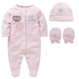 Baby Girls Boys Rompers Royal Crown Kläder med Cap Gloves Spädbarn Nyfödda One-steps Footies Total Pyjamas Velour 210309