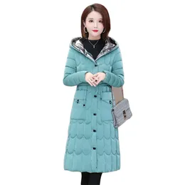 Bright Face Cotton Coat Kvinnor Vinter Koreansk Fashion Slim Cyan Plus Storlek Lång Högkvalitativ Hooded Parkas Feminina LR1013 210531