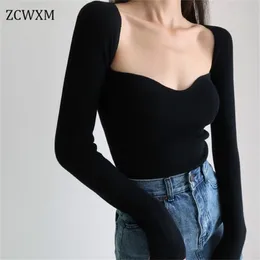 Autumn Knitted Sweaters Women Low-Cut V-Neck Cropped Sexy Bottoming Slim Fit Pullovers Women Solid Knitwear Female Jumper 210806