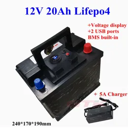 Bärbar 12V 20AH LIFEPO4 Batteripaket med USB Port ABS-fodral för inverterare E-cykel Electric Bicycle Camping Ups + 5A-laddare