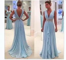 Blue 2022 Prom Dresses A-line Deep V-neck Chiffon Beaded Party Maxys Plus Size Long Evening Gowns