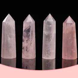 Natural Pink Crystal Tower Arts Mineral Chakra Healing wandsReiki Energy stone six-sided Quarze Point magic wand rough polished