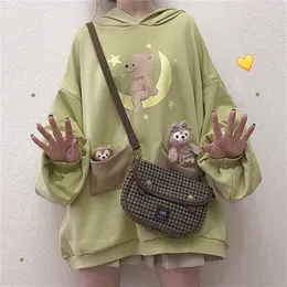 Harajuku Lolita Bear Baby Graphic Sweatshirt Women Kawaii Clothes Spring Oversized Loose Thick Hoodies Long Tops Schoolgirl 201103