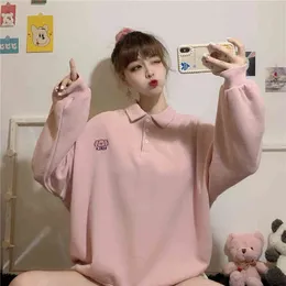 Women's Polo Shirt Hoodie Winter Haruke Loose Pullovers S Sweet Cute Candy Color Pink Female