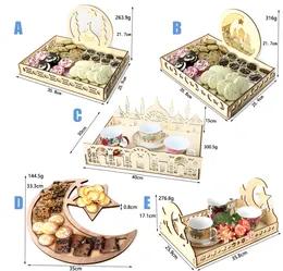 Ramadan Decoration Wooden Dessert Tray Eid Mubarak Food Tableware Display Desk Organizer lslamic Muslim Decor JK2103KD