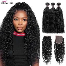 IShow Virgin Weave Extensions Body Wave 8-28 tum för kvinnor rakt djupt löst lockigt vatten i naturen svart färg mänskliga hårbuntar med spetsstängning