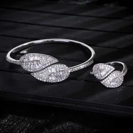 Luxury Leaf Shape Bangle Ring Sets Fashion Dubai Bridal Jewelry for Women Wedding Brincos Para As Mulheres S0720 Q0717