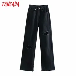 Tangada Vrouwen Hoge Taille Overlengte Zwart Gescheurde Jeans Broek Broek Zakken Rits Vrouwelijke Denim Broek 4M43 210609