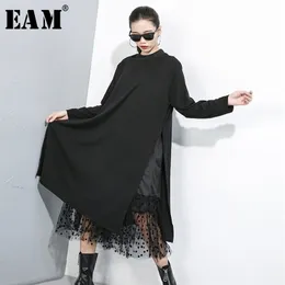 [Eam] Mulheres Preto Malha Ponto Split Vestido Junta New Stand Collar Manga Longa Loose Fit Moda Tide Primavera Outono 210303