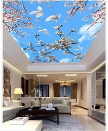 3Dステレオスピック壁紙フラワーブランチブルースカイホワイトクラウドベッドルーム天井壁画スタイルの壁紙
