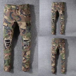 Dżinsy męskie Włoski styl Dżinsy męskie Zieleń wojskowa Kamuflaż Patchwork Spodnie na co dzień Slim Fit Marki Streetwear Stretch Biker