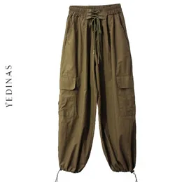 Yedinas Koreański Spodnie Cargo Kobiety Lace Up Hight Wi Wiast Pant Czarne Luźne Dorywcze Spodnie z Pocket Streetwear Jesień 210527