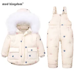 Mudkingdom Baby Meninas Inverno Down Snowsuit Set Bordado Macacões Chapéu de Pele Criança Ano Novo 210615
