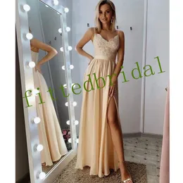 2021 Blush Pink Long Bridesmaid Dresses High Side Split Spaghetti A-Line Lace Chiffon Gästklänning Prom Party Gowns