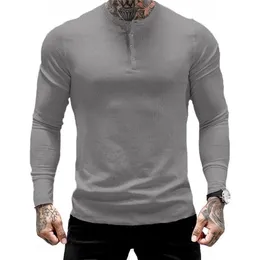 YEMEKE Men's Button collar Long-sleeved o-neck wear cotton slim shirt T-shirt fashion GYMS exercise breathable sportswear 210716