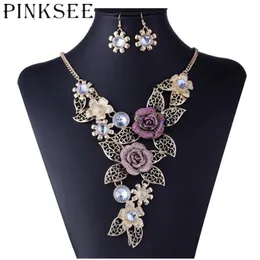 Orecchini collana Pinksee 2021 lusso dolce strass fiore classico foglie cave donne ragazze set di gioielli per feste di matrimonio bijoux