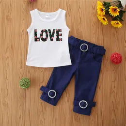 Verão Criança Adorável Crianças Bebê Bebé Vest Bebek Giyim Letras Impresso Top Jeans Denim Calças De Denim Outfit conjunto de roupas casuais