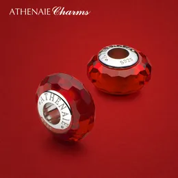 Athenaie Red Faceted Murano Glassビーズ925スターリングシルバーの魅力新年のためのオリジナルシルバースネークチャームブレスレットQ0531