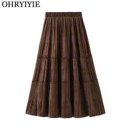 Okryiiyie сплошной цвет женский старинный длинный бархатный плиссированный юбка женщины осень зима элегантные моды дамы высокая талия линия 210621