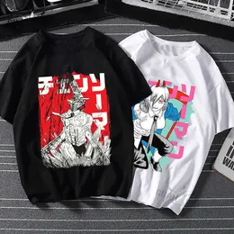 Rozmiar ue 100% bawełna męska koszulka Chainsaw Man topy Japan Style Anime Manga lato czarny krótki rękaw Tshirt kobiety X0602