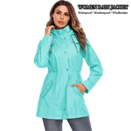 Women Raincoat Casual Hooded Zipper Weatherproof Windbreaker Outdoor Waterproof Shell Rain Jacket Camping Coats 210914