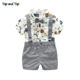 und Top Sommer Kleinkind Baby Junge Gentleman Kleidung Set Kurzarm Gedruckt Fliege Strampler Hemd + Hosenträger Shorts 210309