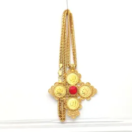 Africa habesha eritrea Ethiopian big Coin Cross Pendants 24K GOLD GF CUBAN DOUBLE CURB CHAIN SOLID HEAVY NECKLACE Jewelry RED CZ