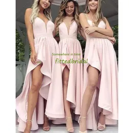 Blush Pink Spaghetti Hi-Lo A-Line Bridesmaid Cheap Open Back Wedding Guest Gown V Neck Prom Evening Formal Part Dresses 328 328