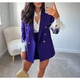 Xeasy Women Two-Piece Set Purple Vintage Office Lady Double Breasted Blazer Slim High Waist Folds Skirt Suit 220221