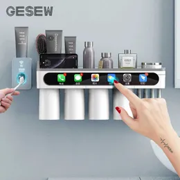 Gesew Toothbrush Titular Forte Adsorção Magnética Copo Impermeável Punching Home Frame Bathroom Accessorie Set 210709