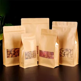 Wielokrotnego użytku Stand Up Paper Torby Kraft Kawa Przekąski Cookie Prezenty Torby do przechowywania Z Okno Posługiwania Żywności Pakowanie