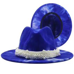 Vendita all'ingrosso Autunno New Felt Fashion Wide Brim Tie-Dyed Vintage Fedora Jazz Cap Cappello Panama Donna Cappelli di lana sintetica con fascia di perle