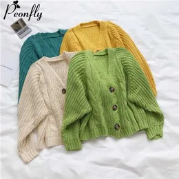 PEONFLY Korean Style Knitted Sweater Cardigans Women Long Sleeve Single Breaster Female Cardigan Solid Sweaters Sueter Mujer 211103