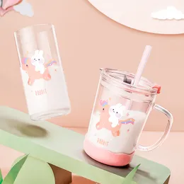 Children Glass Water Cup Cute Cartoon Toddler Drink Mug With Straw Leak-Proof Milk Bottle Kids Scale Safety Milk Tumbler