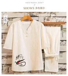 Męski odzież moda dresy mąż letni garnitur nowy chiński styl bawełna pościel t-shirt spodnie męski zestaw rozmiar M-4XL G1222