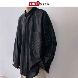 LAPPSTER Camicie a righe da uomo Streetwear Casual Uomo Camicie oversize nere Camicia a maniche lunghe vintage Harajuku bianca per uomo 210708